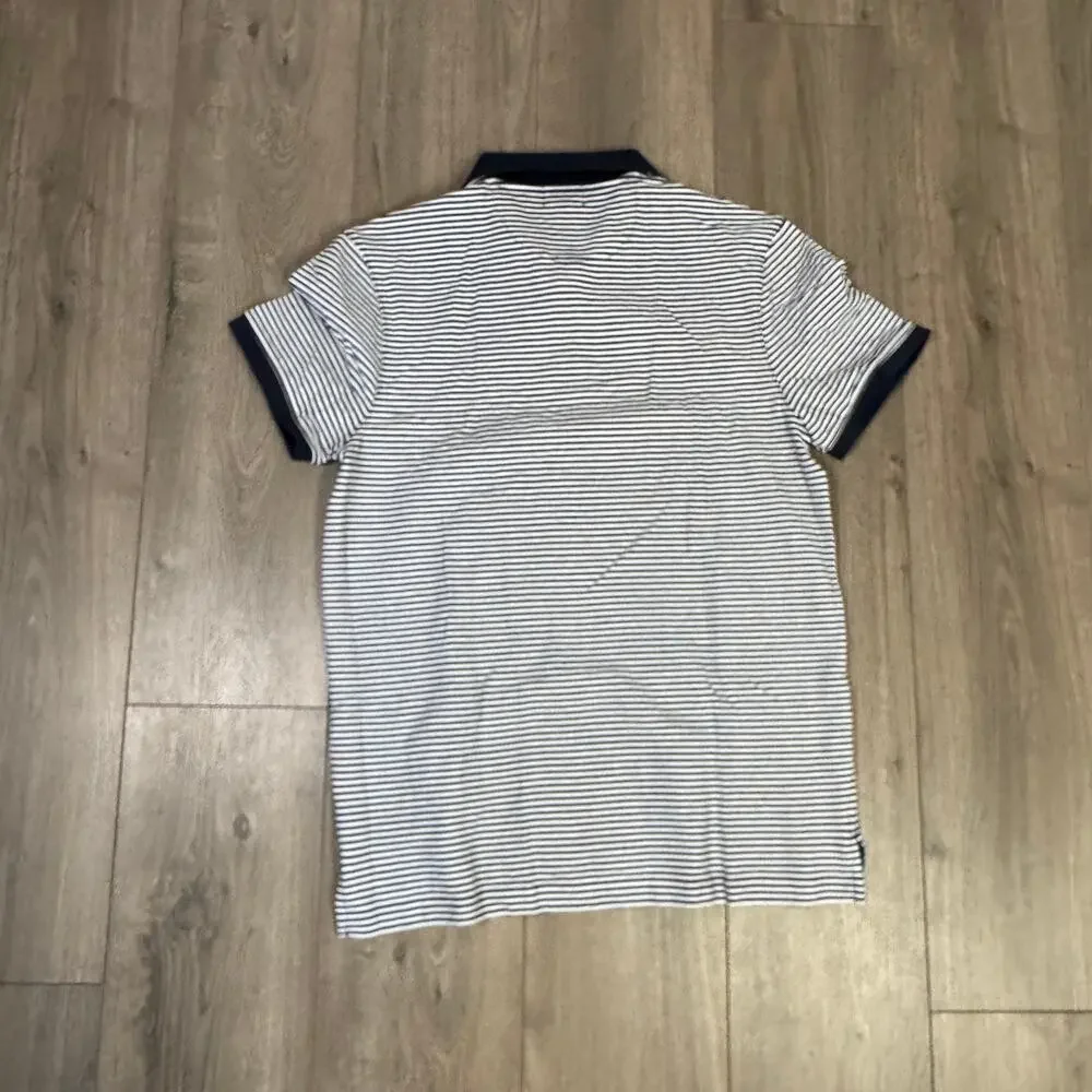 J.Crew Piqué Polo Shirt Mens L Navy White Striped Cotton Slim Fit Short Sleeve